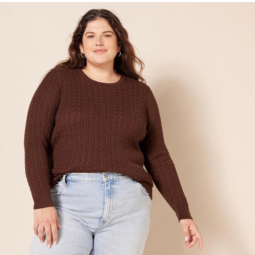 NWOT Amazon Essentials Women's Crew Neck Cotton Cable Knit Sweater - Brown